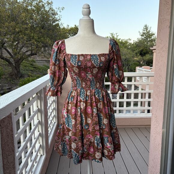 PERRY WALKER Grace Floral Print Smocked Dress O/S Brown Green Pink Smocked Boho - Picture 13 of 15